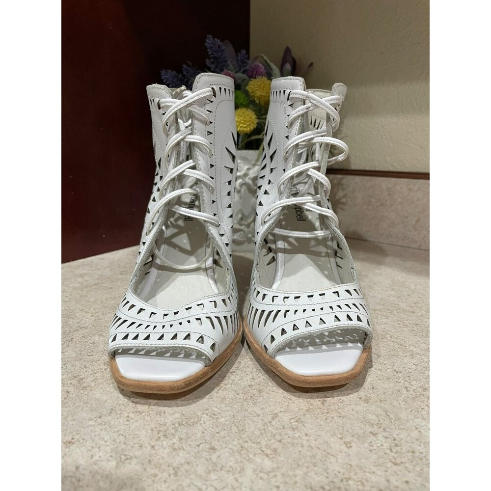 Jeffrey Campbell Rodolfo White Laser-Cut Lace-Up Open Toe Wedge Sandals Size 8 - Picture 9 of 12
